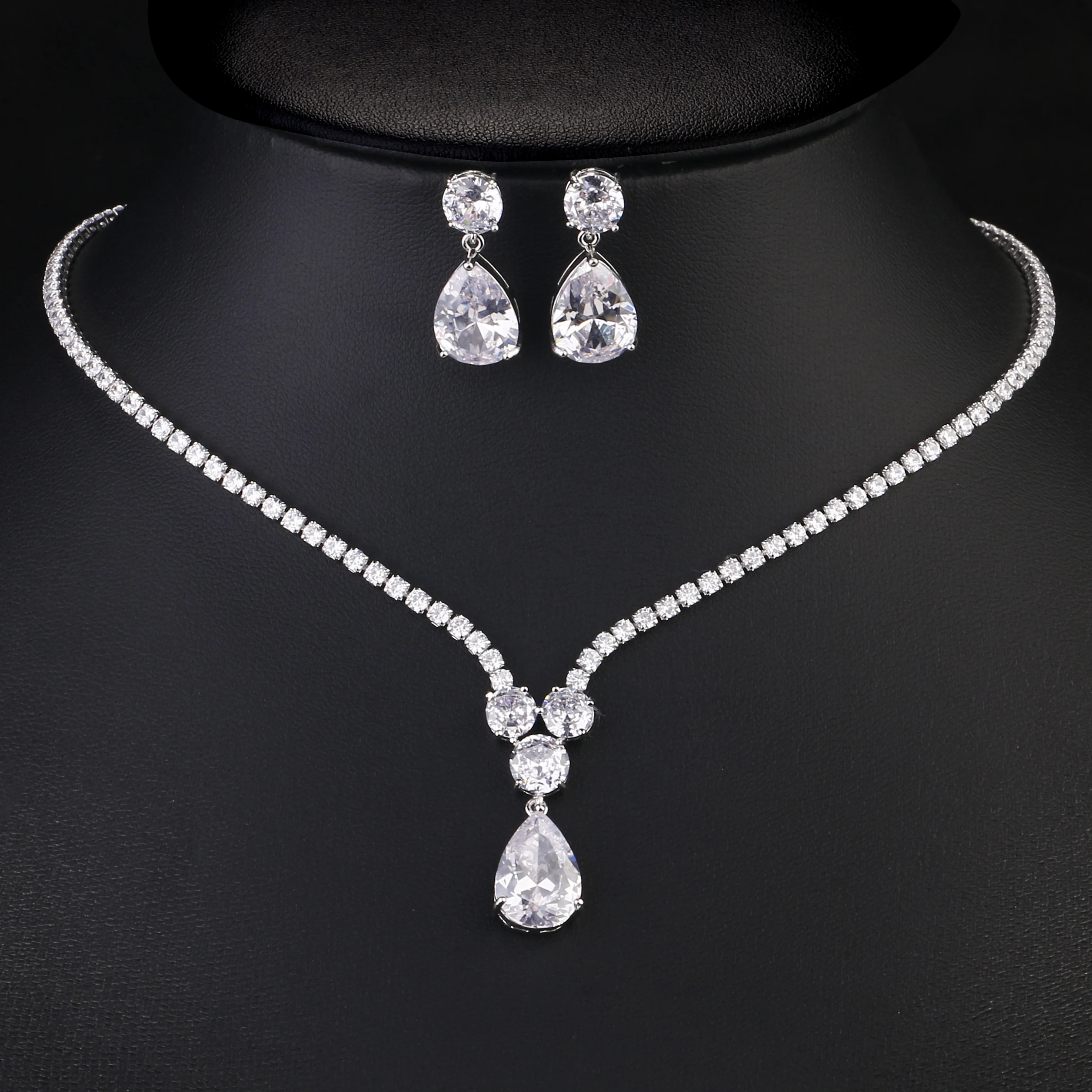 RAKOL New Fashion Water Drop Cubic Zirconia Pendant Necklace Earrings Jewelry Sets for Women Brides Wedding Dress Accessories