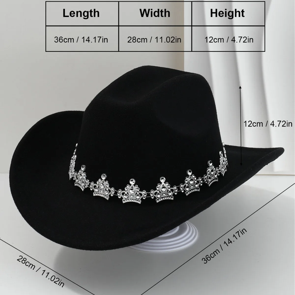 HongLuan Chapéus de topo de feltro preto/branco de luxo, chapéu de cowboy elegante mulher de strass, acessórios de cowboy, boné de festa para homem original
