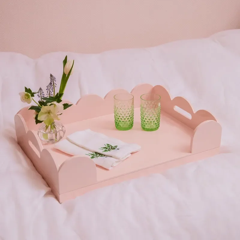 Baby Pink Foldable Wooden Breakfast Tray Painted MDF Household Serving Platter with Sturdy Scaled Edge for Home Kitchen Use