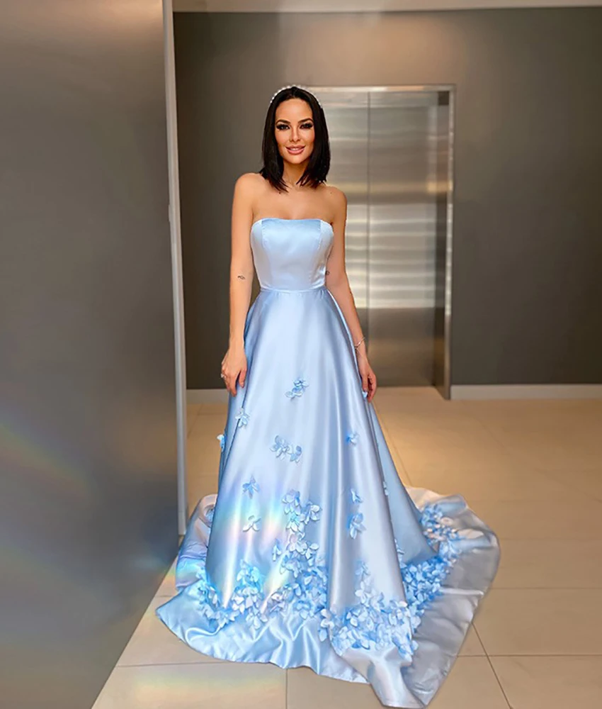

Customized Temperament Satin A-Line 3D Flowers Evening Dress Fashion Strapless Sleeveless Floor Length فساتين سهرة
