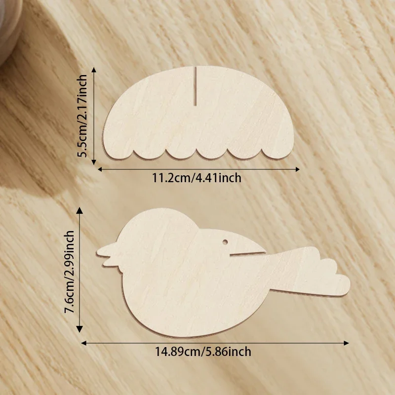 5pcs Unfinished Wooden Ornaments - Blank Wooden Bird Hanging Decorations, Colorful Painted Design (with Hemp Rope)