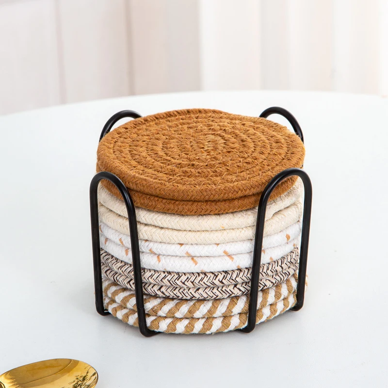 

8pcs Woven Coaster Set with Holder High-Temperature Resistant Cup Coasters Absorbent Coasters for Coffee Tea Drinks 대나무매트