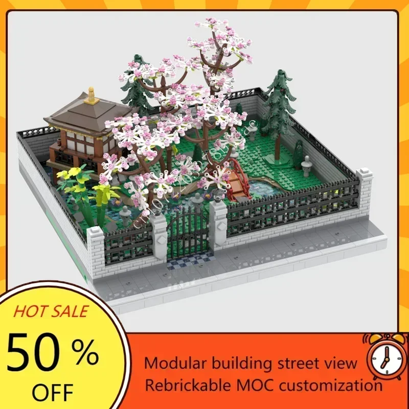 2585PCS Cherry Blossom Park Modular MOC Custom Street View Architecture Puzzle Creative DIY Educational Model Toy Gift