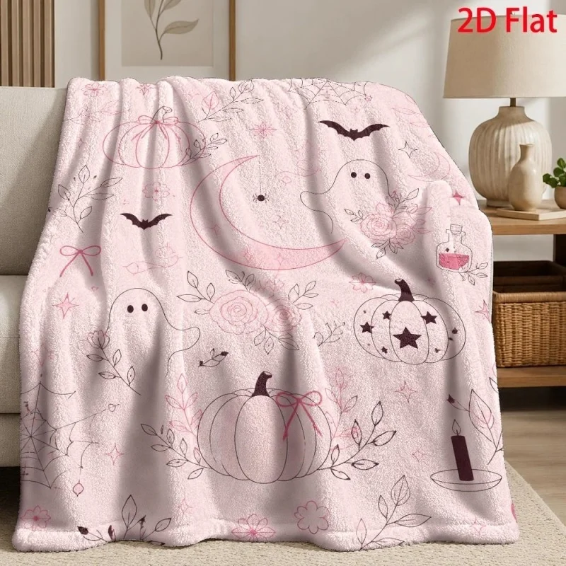 Pink Bow Ghost Flannel Throw Blanket, Cute Ghost Star Heart Print Soft Warm Blanket for Sofa Bed Halloween Home Decor