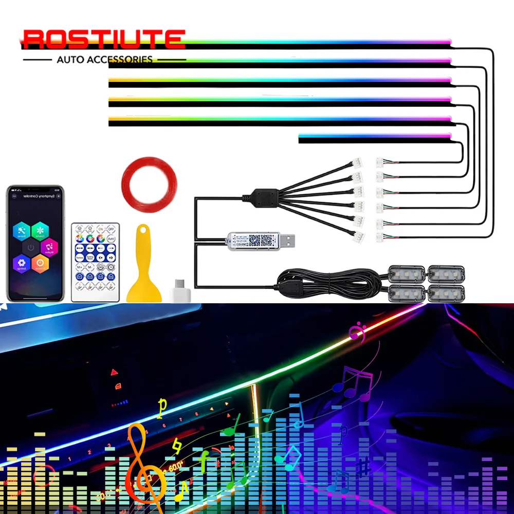 Dynamiczne oświetlenie wnętrza samochodu, pasek RGB, oświetlenie ambientowe z synchronizacją z muzyką, oświetlenie wnętrza samochodu z USB, neonowy pasek na deskę rozdzielczą.