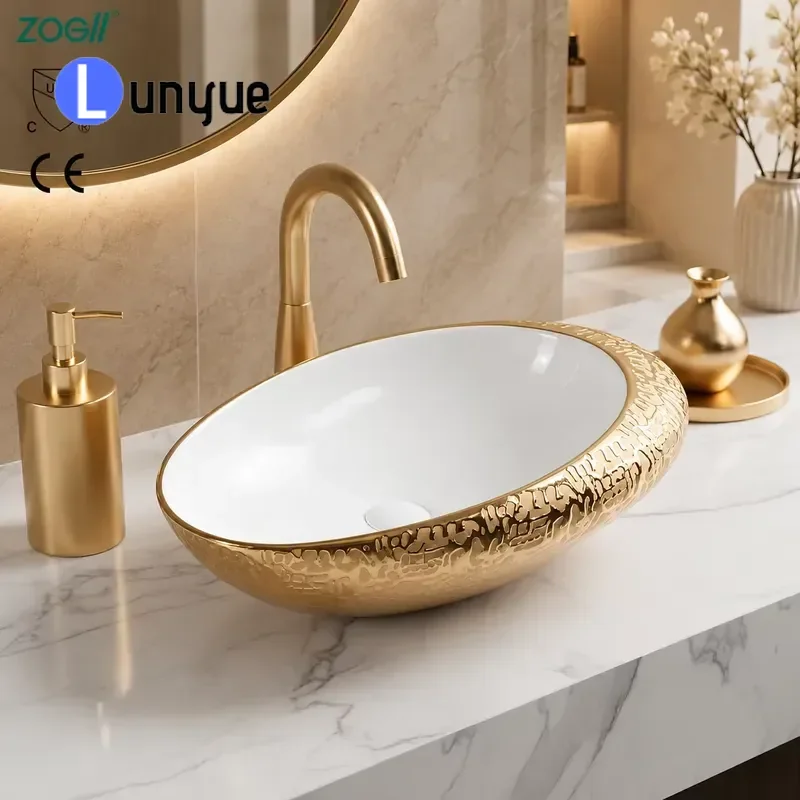 Modern Gold Plated Ceramic Bathroom Sink Oval Vessel Art Basin Counter Top Easy Clean Drain New Trend 5 Year