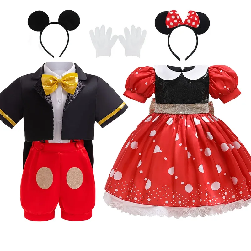 Cartoon Mickey Mouse Cosplay Costume for Boys Jacket Shirt Shorts Girls Minnie Polka Dots Dress Headband Kids Birthday Outfits