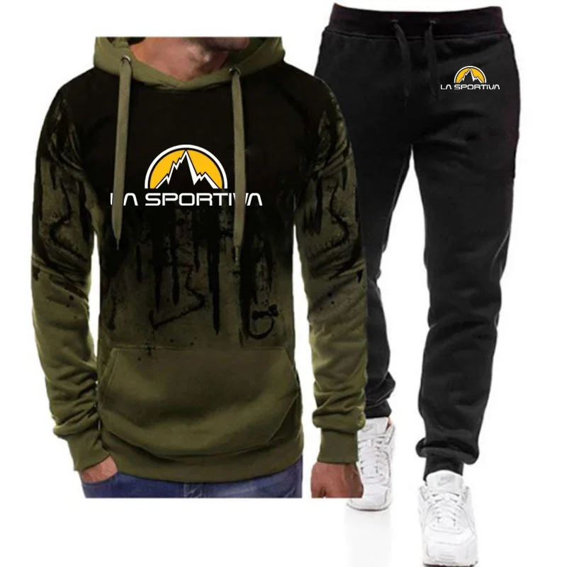 2024 Men New La Sportiva Fashion Print Hooded Hoodie Sweatpants Comfortable Tops+Trouser Sport Gradient Two Pieces Suits Clothe