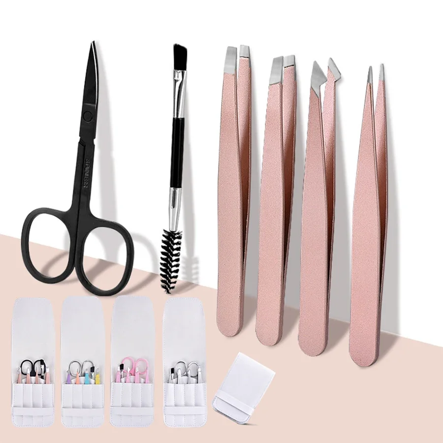 Eyebrow Tweezer Set 6 Pcs Precision Tweezer for Eyebrows with Curved Scissors Plucking Daily Beauty Tools with Leather Case