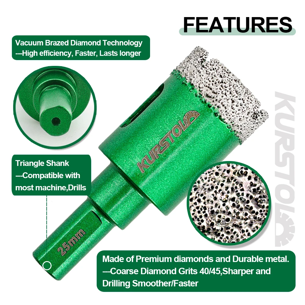 Imagem -03 - Kurstol-diamante Núcleo Brocas Buraco Saw Opener Triângulo Haste Porcelana Cerâmica Granito Mármore Pedra Azulejo 38 mm pc Pcs