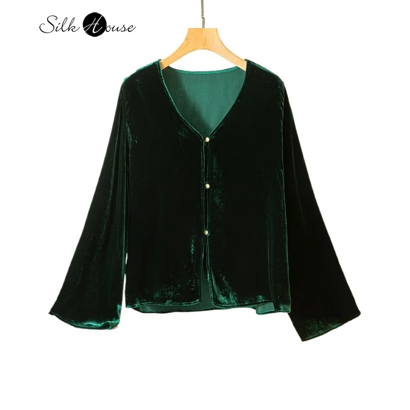 

Классическая модная женская одежда, элегантный высококачественный расклешенный топ с v-образным вырезом и длинными рукавами, 30% натуральный шелковый бархат, верхняя куртка