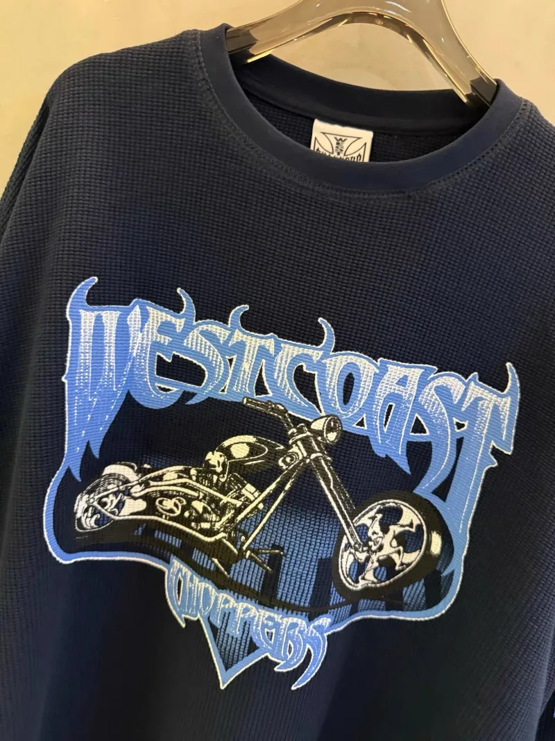 Motorcycle Print West Coast Choppers Navy Blue Long Sleeve Shirts Men Women Oversized Waffle Sweatshirts