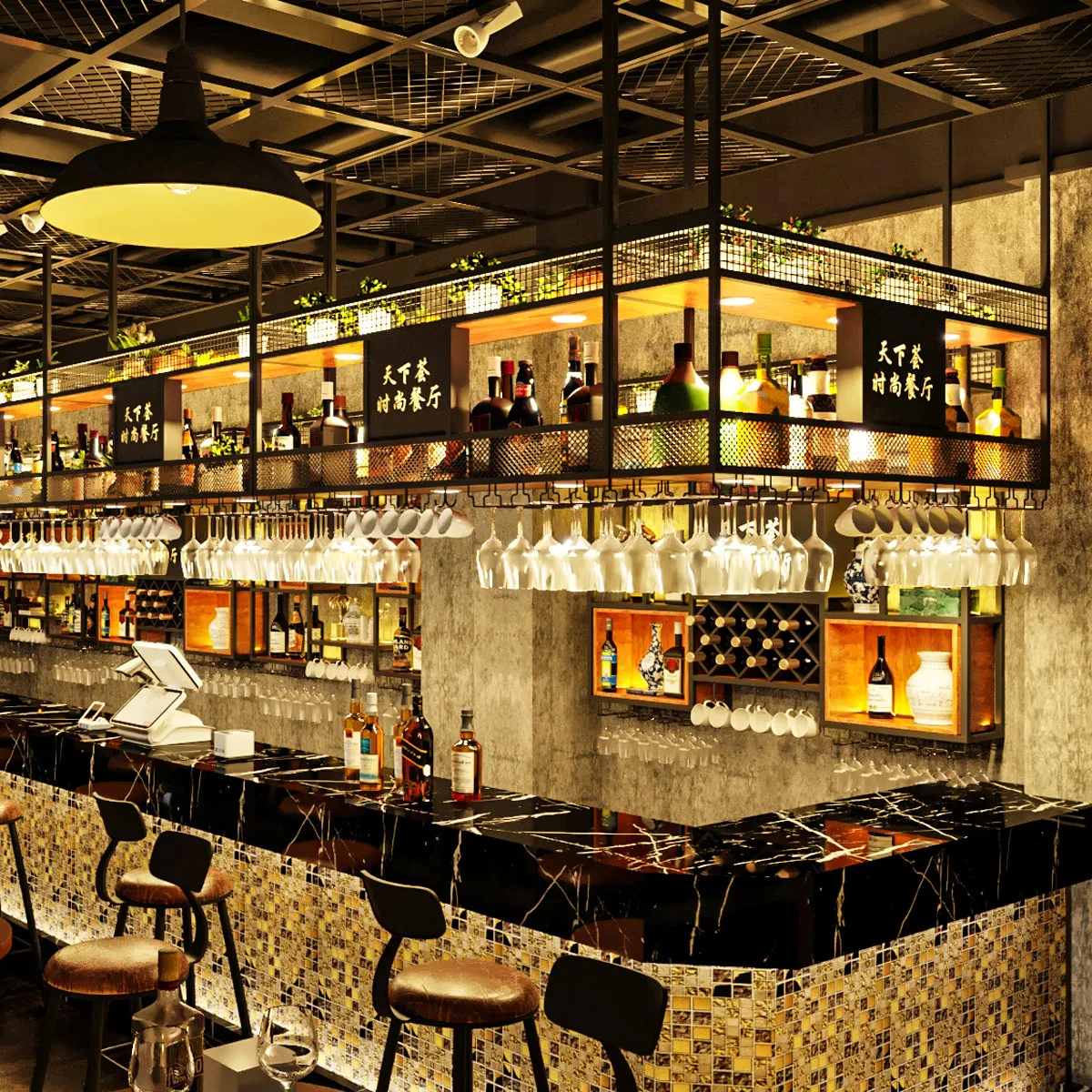 Bar counter wall cabinets, storage racks, restaurant iron wrought industrial style decoration, upside-down wine cup hanging wine