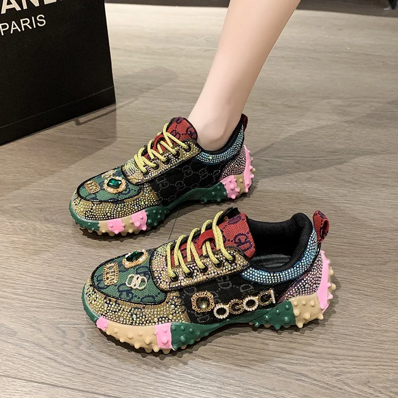 Women's Platform Sneakers 2026 Chunky Durable Sole Breathable Mesh Casual Lace Up Shoes Fashion Diamond Dress Sport Shoes