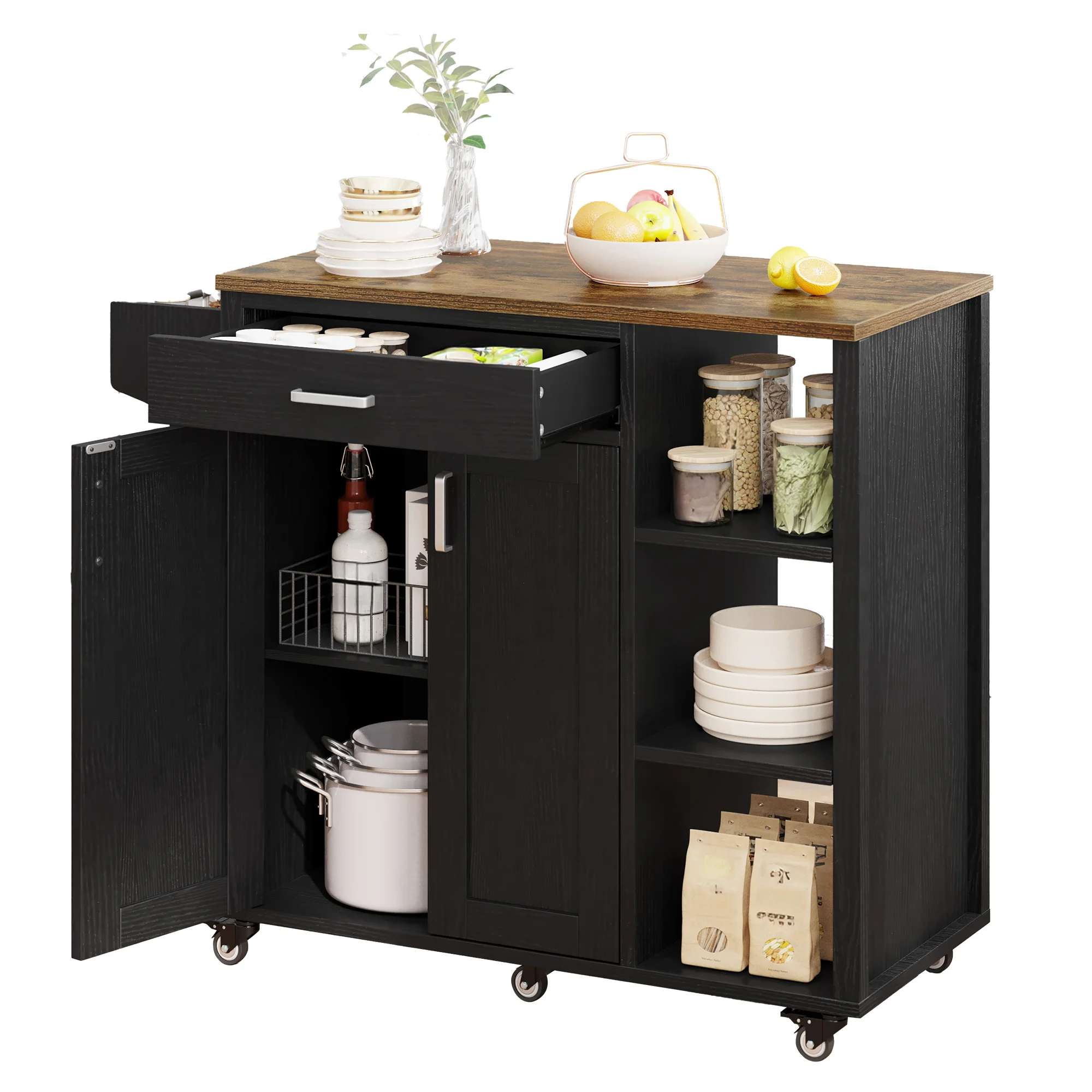 Rolling Kitchen Island Cart Trolley Storage Cabinet w/Countertop Drawer Shelves