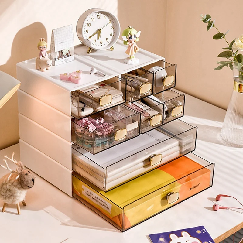 8017 Desktop Ins Multi-Stacked Storage Box Dormitory Desk Transparent Drawer Student Stationery Office Small Hand Book White