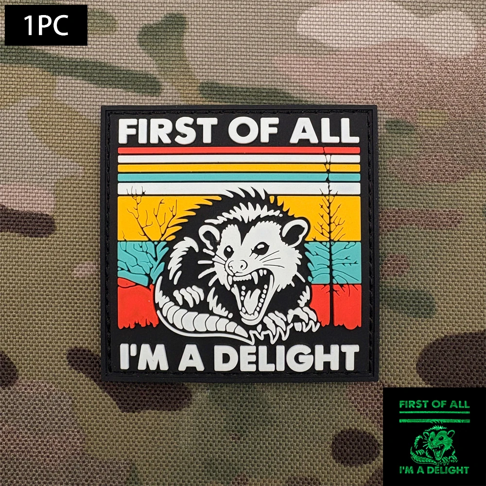 Retro Colorful Striped Possum Square Patch with Luminous Effect, 2D Flat Pvc Material, Patch Badge for Bags, Hats, Clothing, DIY Versatile Decorative Patch, Includes Matching Felt Badge Accessory