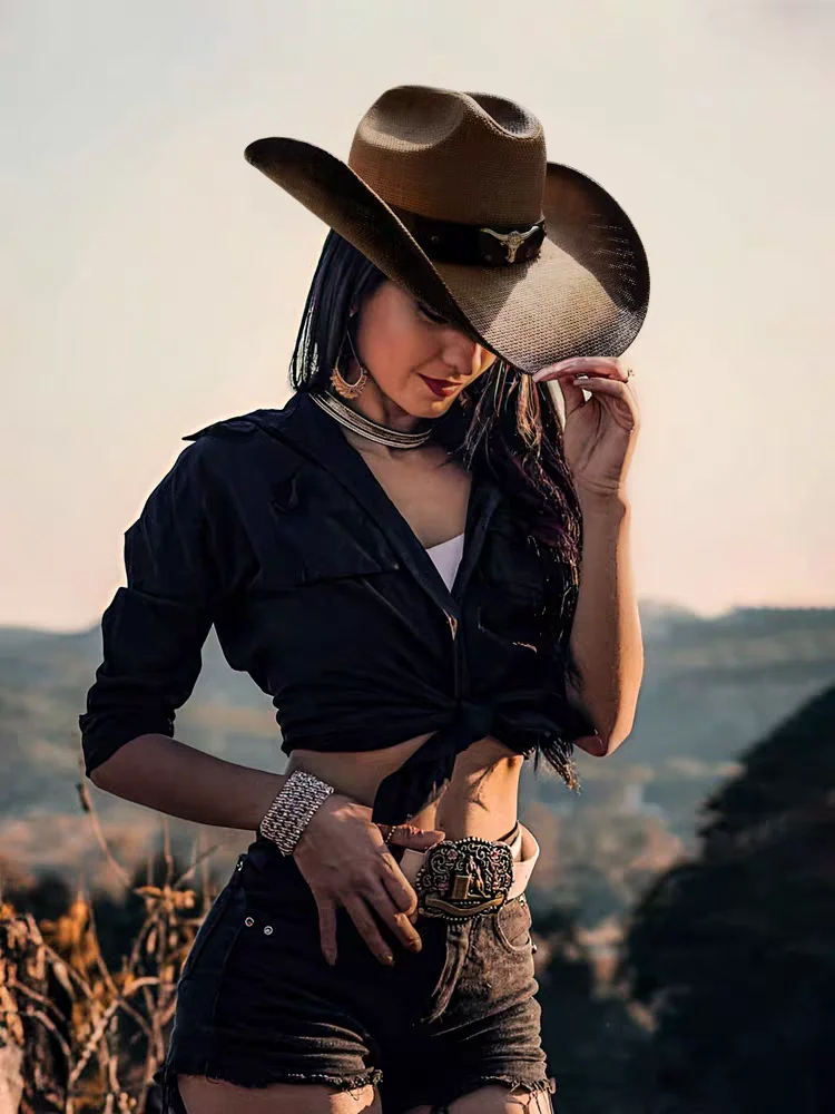 2024 New Summer Cowboy Straw Hat Double Concave Top 10cm Brim Men\'s and Women\'s Western Cowboy Hat Sun Protection sombrero homb