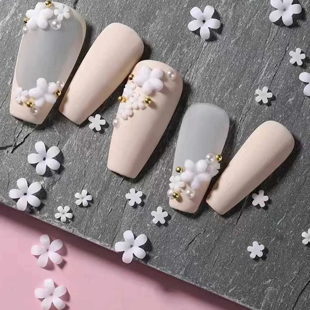 12Grid White Acrylic Petal Flower Nail Charms Mixed Floral Pearl Caviar Beads Nail Art Rhinestones DIY Manicure Decoration