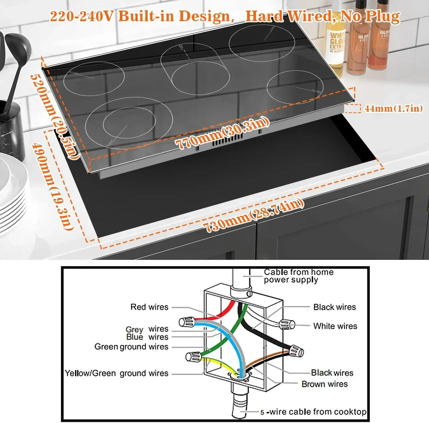 Karinear Electric Cooktop 30 Inch, 8400w 5 Burners Electric Stove Top, Countertop & Built-in Ceramic Cooktop with Glass