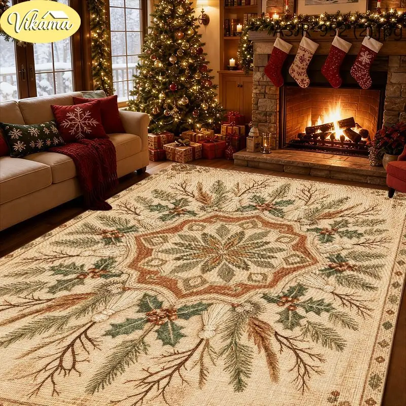 VIKAMA Christmas Beige Mandala Pine Branch Area Rug Non Slip Soft Floor Mat for Living Room Bedroom Holiday Home Decor