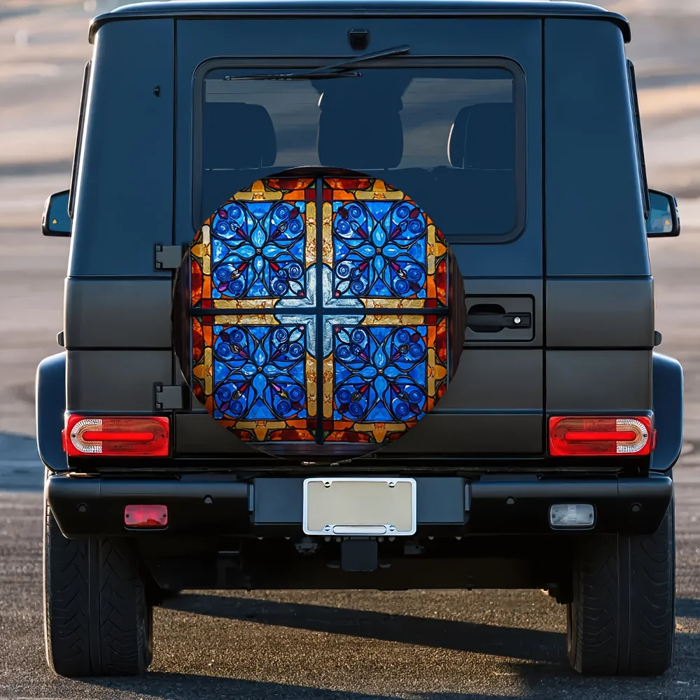 

Stained Glass Flower Spare Tire Cover Durable Resistant Wheel Protector Decorative Accessory