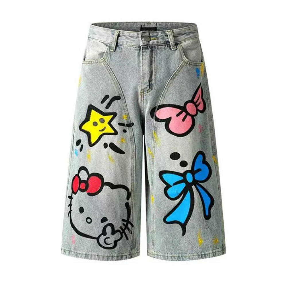 Jeans Y2K Hello Kitty Damen Sommer Wadenlange Hose Neuer Cartoon-Druck Niedliche Studentenjeans Hello Kitty Kurze Hose Lose Slim