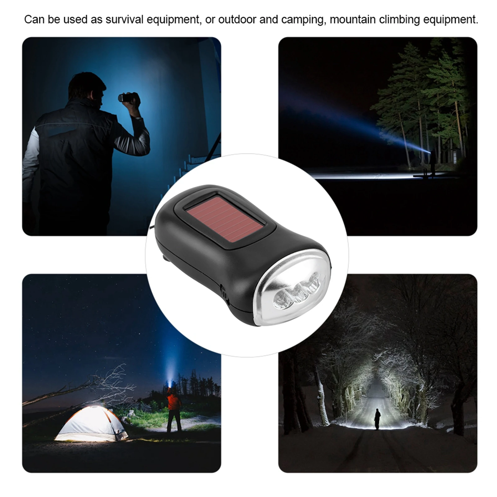 Hand Crank Solar Powered Rechargeable Flashlight LED Emergency Dynamo Torch for Outdoor Camping