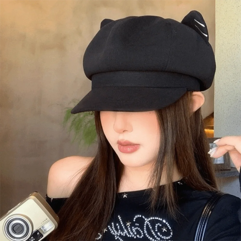 

Casual Solid Color Cat Ear Hat Woolen Y2K British Beret Hat Japanese Style Adjustment Octagonal Cap Painter
