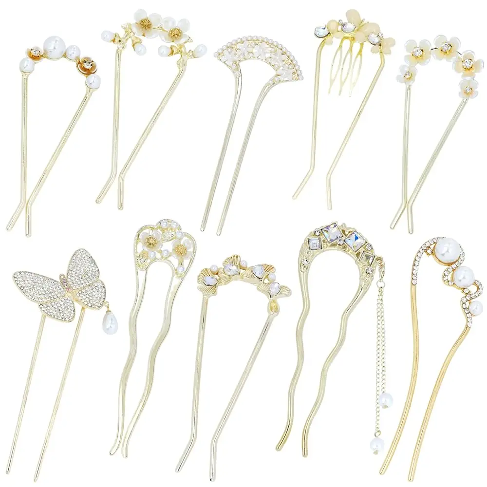 

10 Pieces Fancy Cute Flower Star Butterfly U Shaped Gold Metal Hair Fork Pins Curved Chopsticks for Hair Sticks French Hair