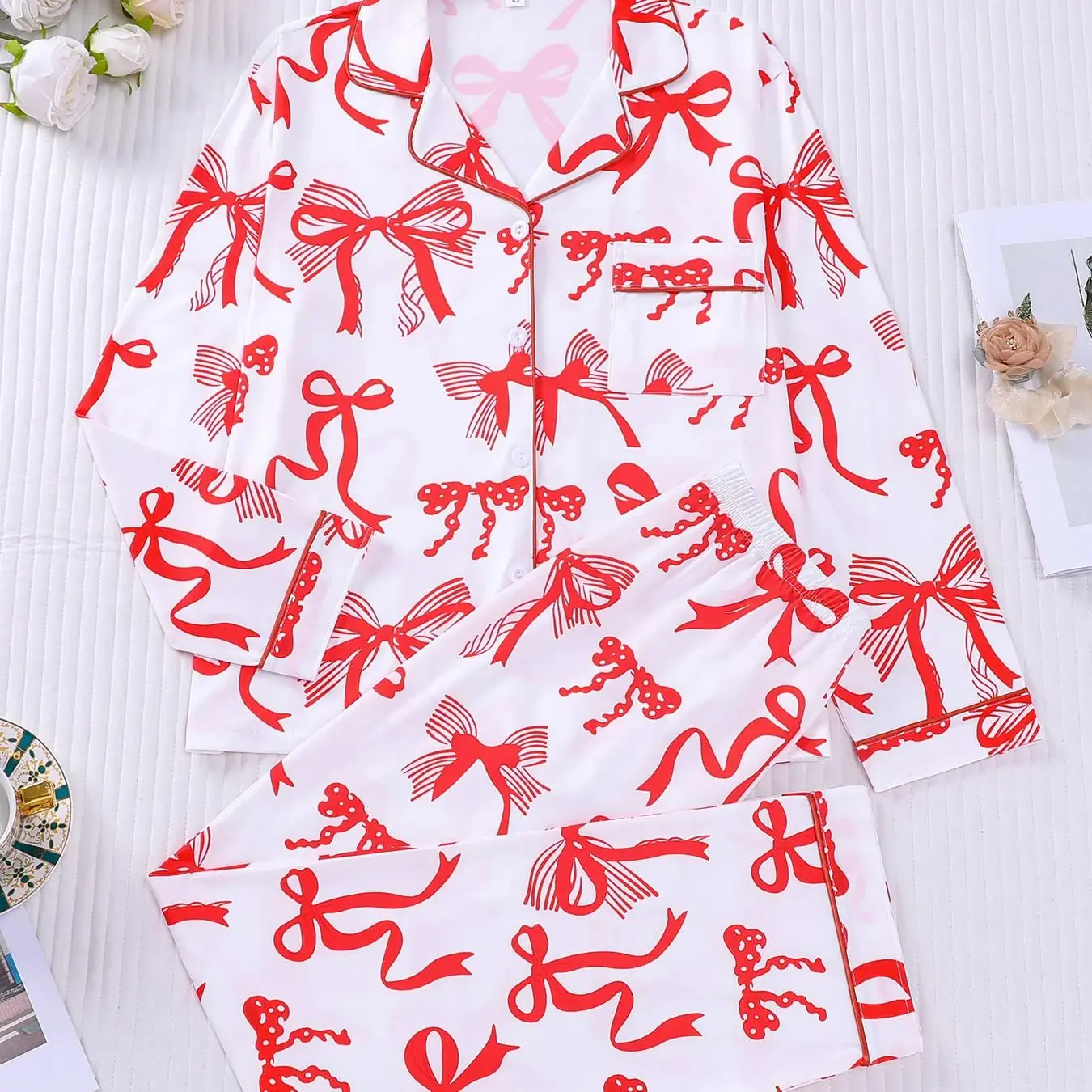 

Atmosphere Red Bow Full Print Pajama Collar Button Style Spring and Autumn Thin Breathable Home Clothing Set