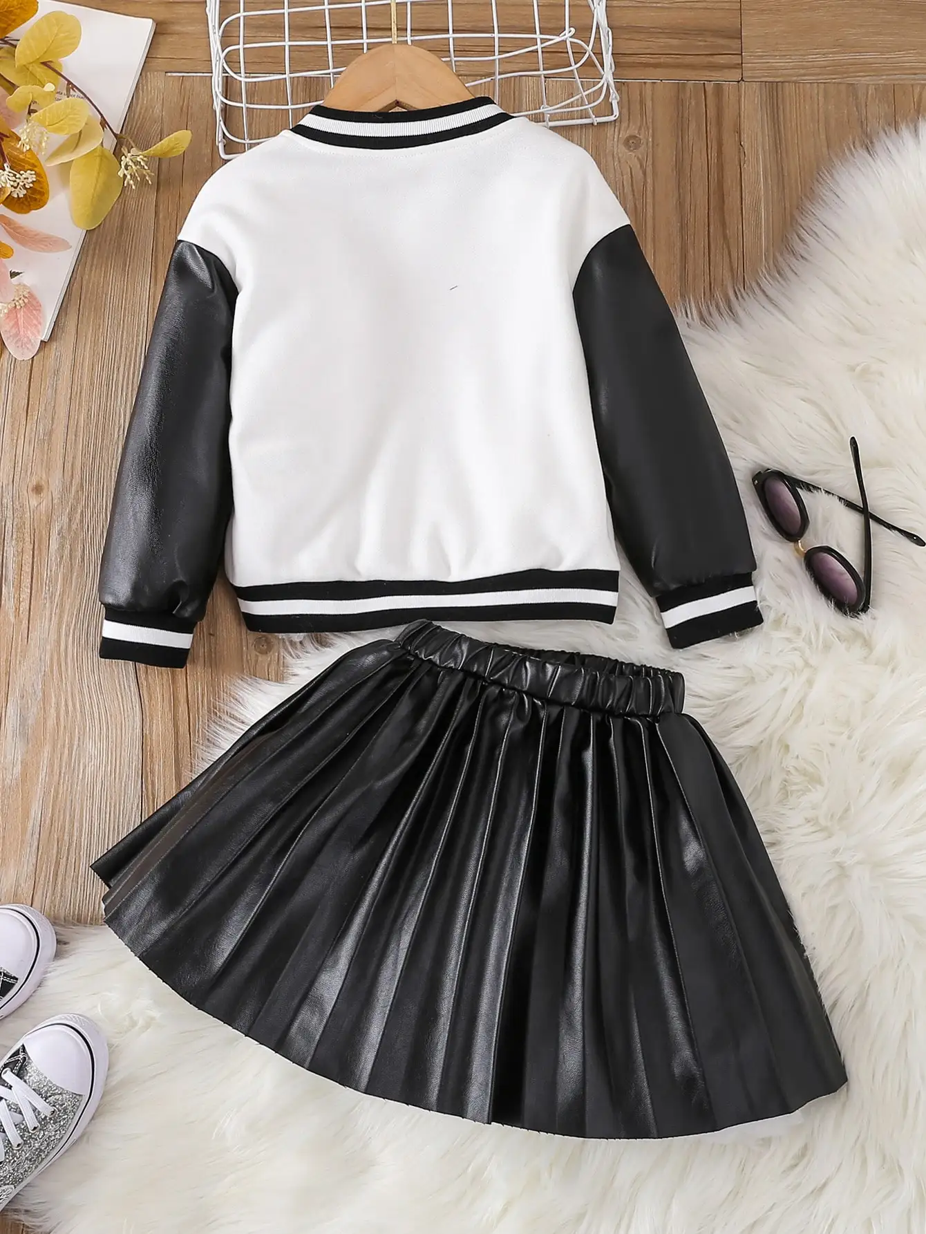 Spring & Autumn Outfits Set Long Sleeve PU Leather Coat Jacket +Pleated Skirt OOTD For Kids Girl