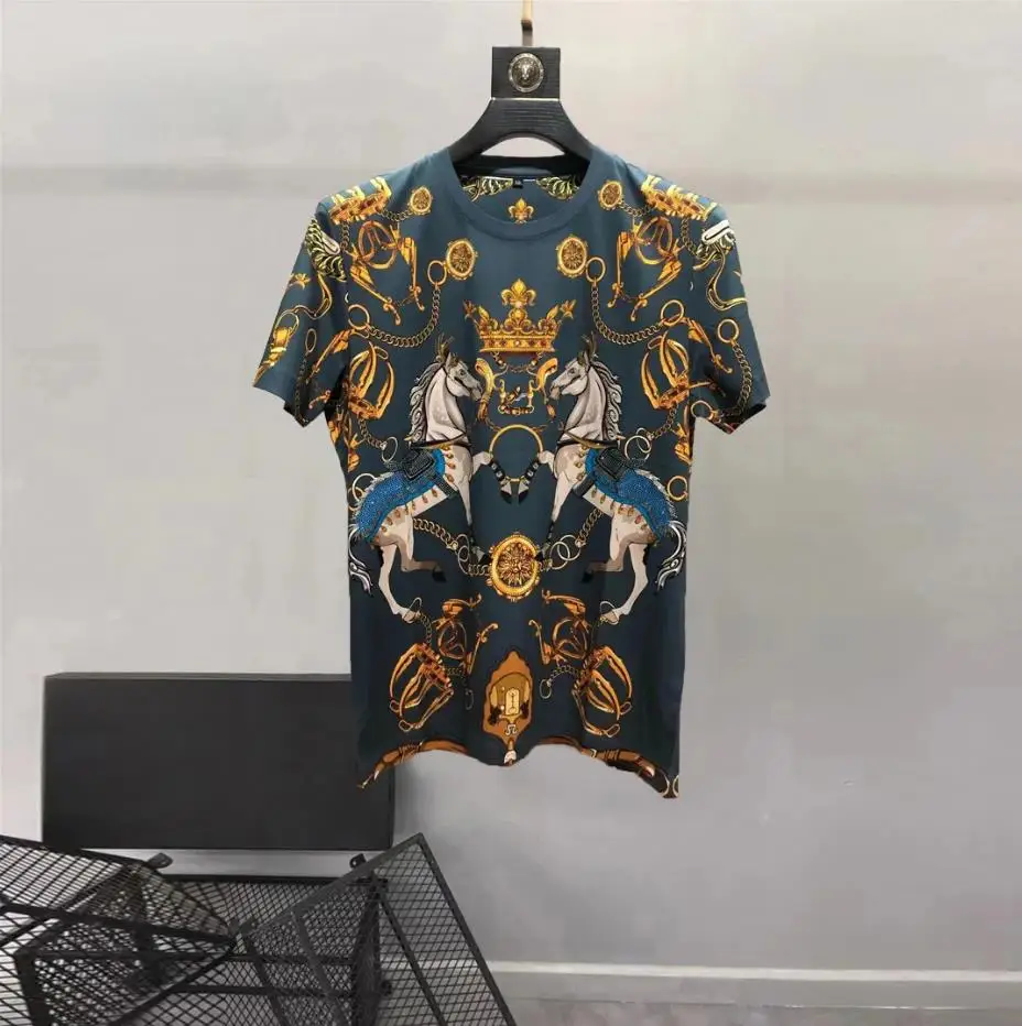 European and American men\'s wear summer 2022 new Court chain printing with short sleeve and round collar Fashion T-shirt