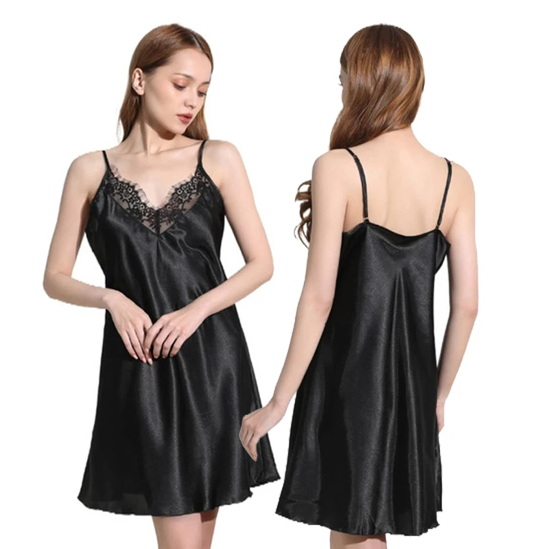 

Leisure Home Dressing Gown V-neck Nightdress Sleepwear New Silky Satin Nightgown Sexy Women's Lace Patchwork Lingerie Loungewear