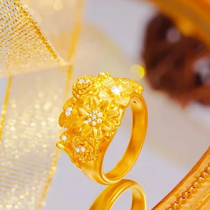 خاتم نسائي من الذهب عيار 24 قيراط (AU999) قابل للتعديل من الزركون | شريط ثلاثي الأبعاد من الذهب الصلب، أنماط كرمة إزميلية مع زركون الأوجه #4