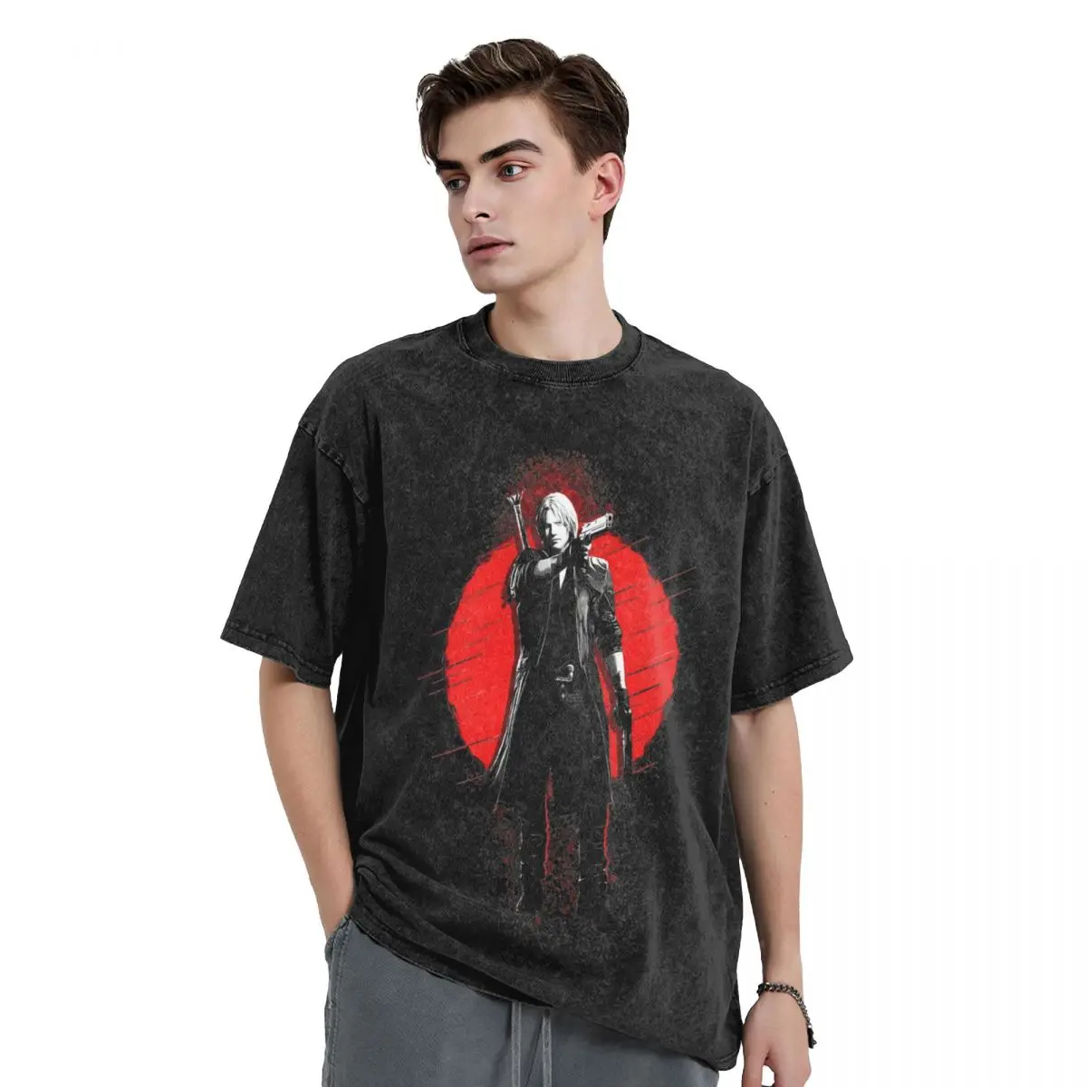 Dante Devil May Cry Game Washed T Shirt Streetwear Hip Hop Vintage T-Shirt Tee Shirt for Men Women 100% Cotton Harajuku Printed