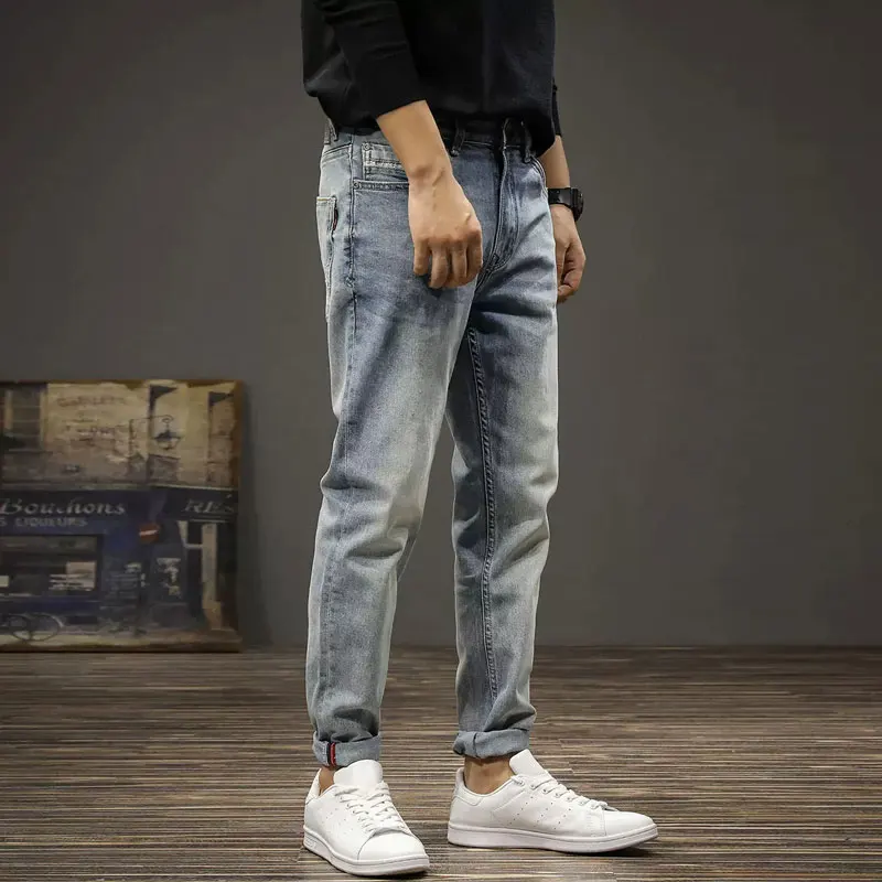Fashion Designer Men Jeans Retro Light Blue Stretch Elastic Slim Fit Ripped Jeans Men Vintage Trousers Casual Denim Pants Hombre
