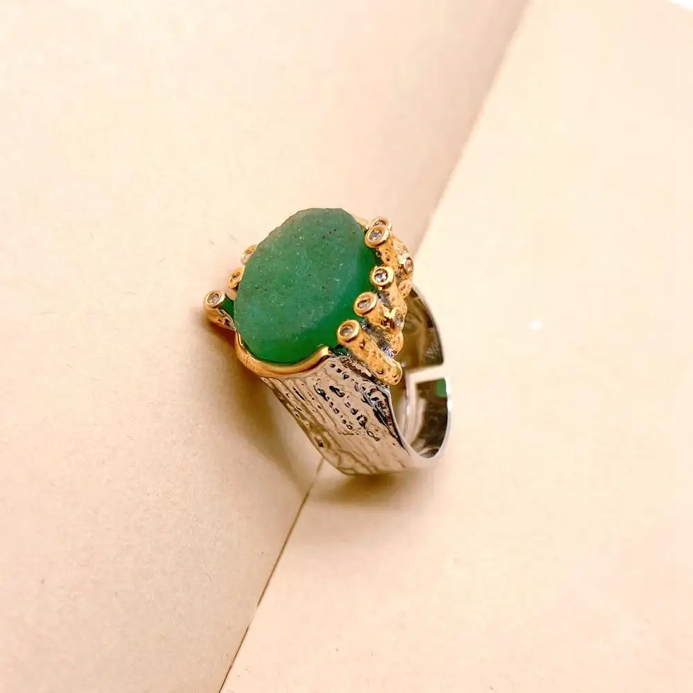 KKGEM CZ Pave 18x20mm Natural Green Fluorite Rough Real Stone Ring Gold Plated Adjustable Rings 6