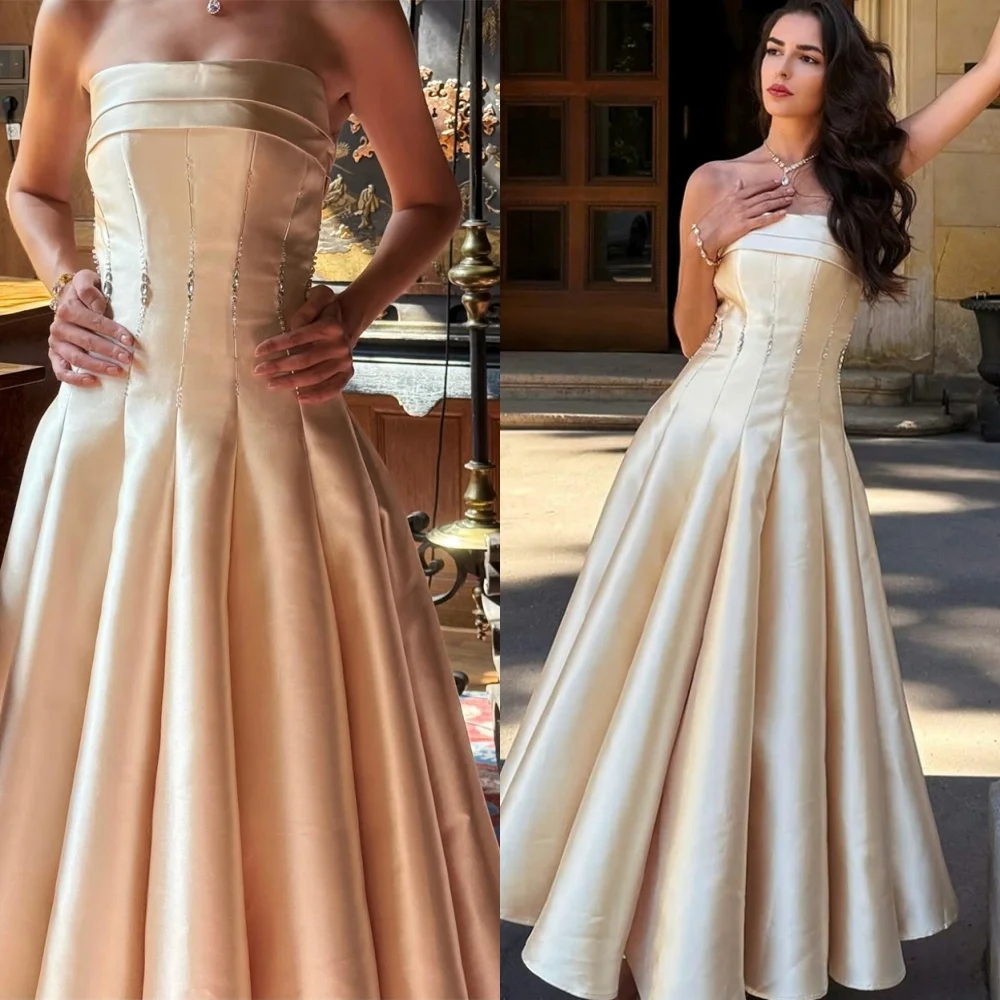 

Customized Luxury Satin Evening Dresses Modern Strapless Sleeveless Homecoming Dresses Temperament Special Occasion Gowns