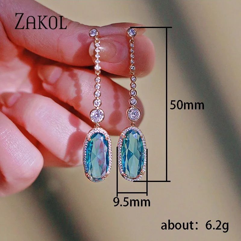 ZAKOL Fashion Long Tassel Dangle Earrings for Women Sea Blue Oval  Zircon Bridal Earring Girls Wedding Party Jewelry 2023 New