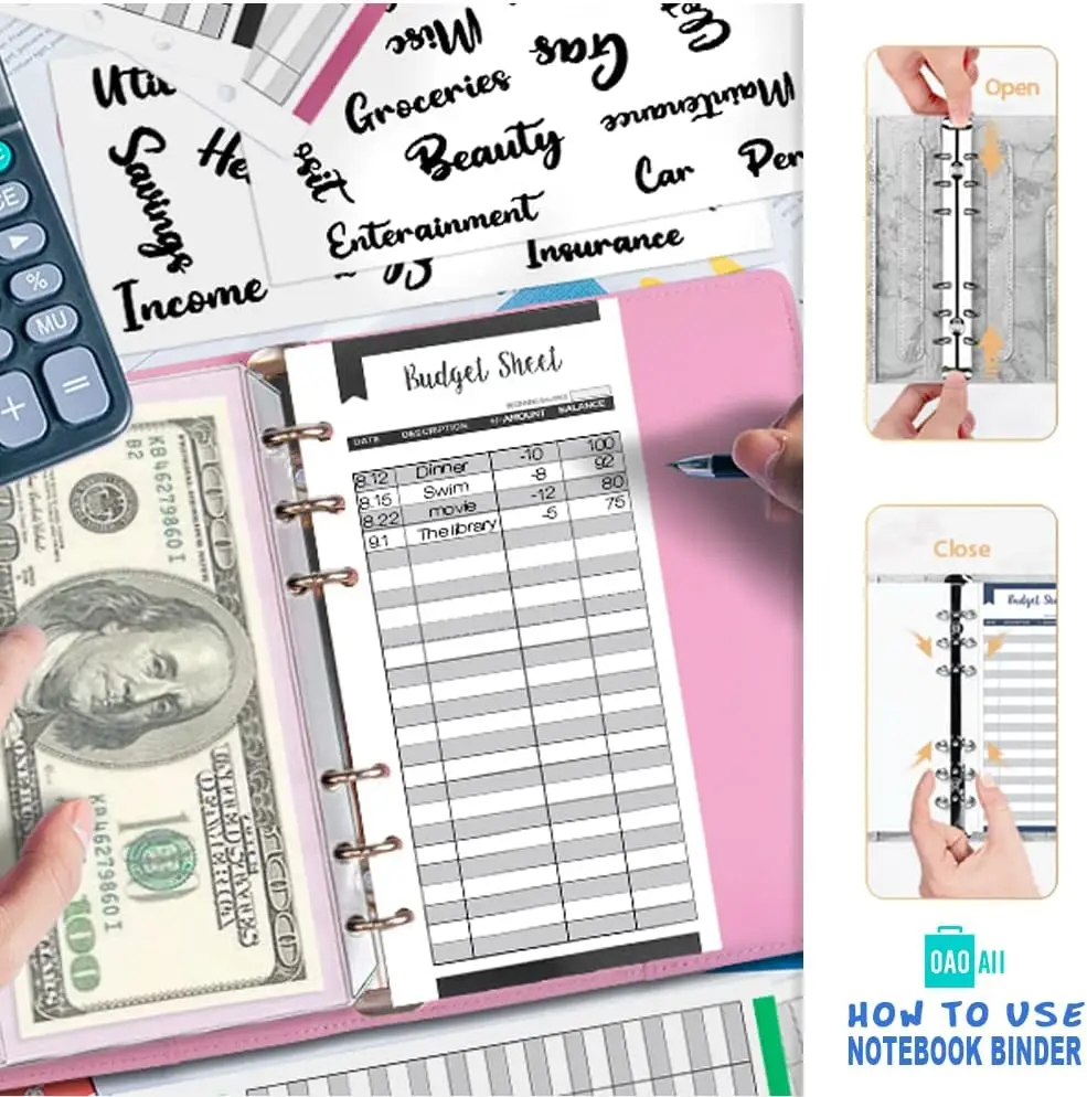 2024 laser Budget Binder Zipper Envelopes Organizer Cash Envelopes for Budgeting Saving Money A6 Planner 6 Pockets Accessories