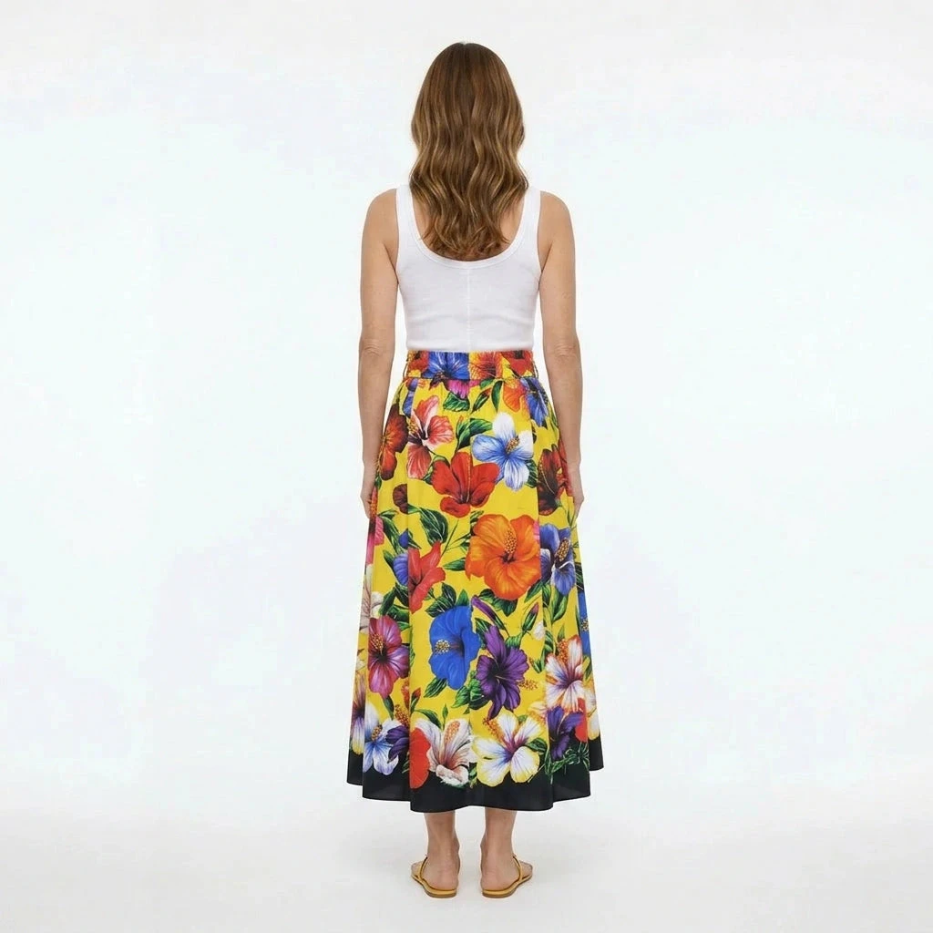 Luxury Designer Summer Women Floral Print 2 Piece Set High Quality Cotton Off-Shoulder Top & Maxi Skirt Fashion Vacation Outfit