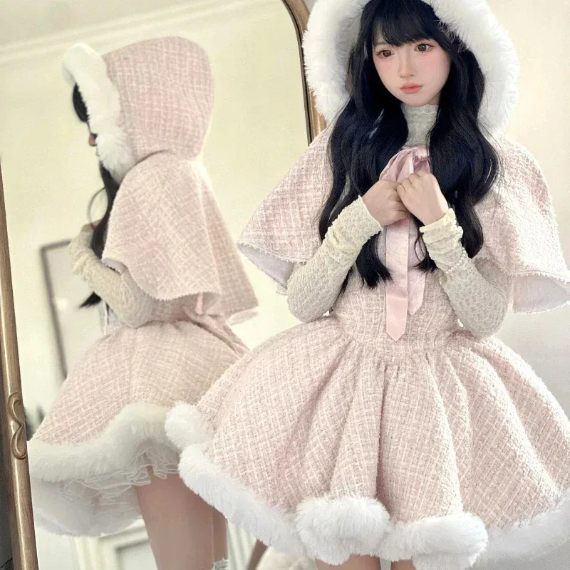 

Japanese Style Elegant Tweed Plaid Dress Sets Women Plush Hooded Shawl Short Jackets Mini Skirts Kawaii Christmas New Year Suit