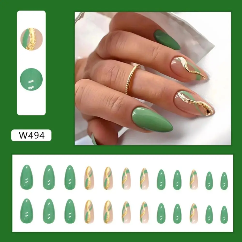 24pcs Detachable Fake Nials Diy Green Flowers French False Nails Long Almond