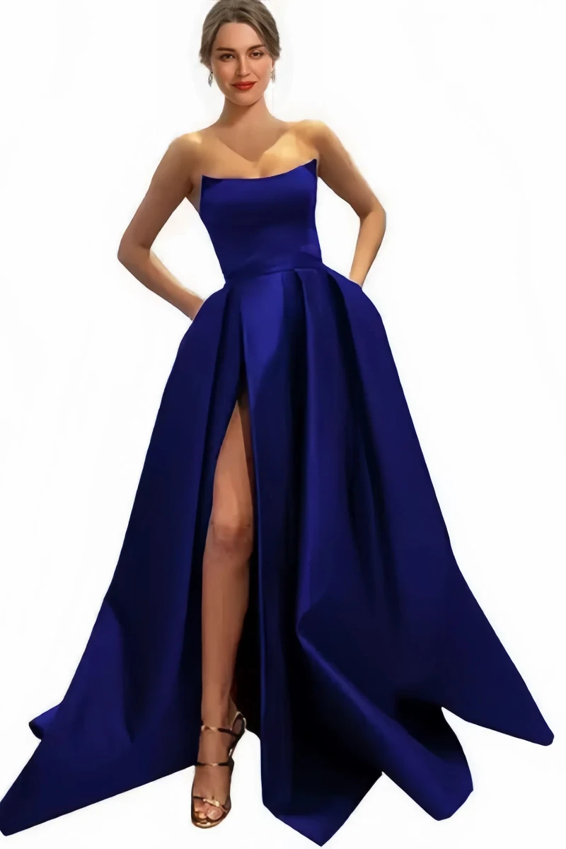 Womens Long Strapless Satin Prom Dress Sleeveless Slit Evening Ball Gown with Pockets Formal Occasion Guest Gown