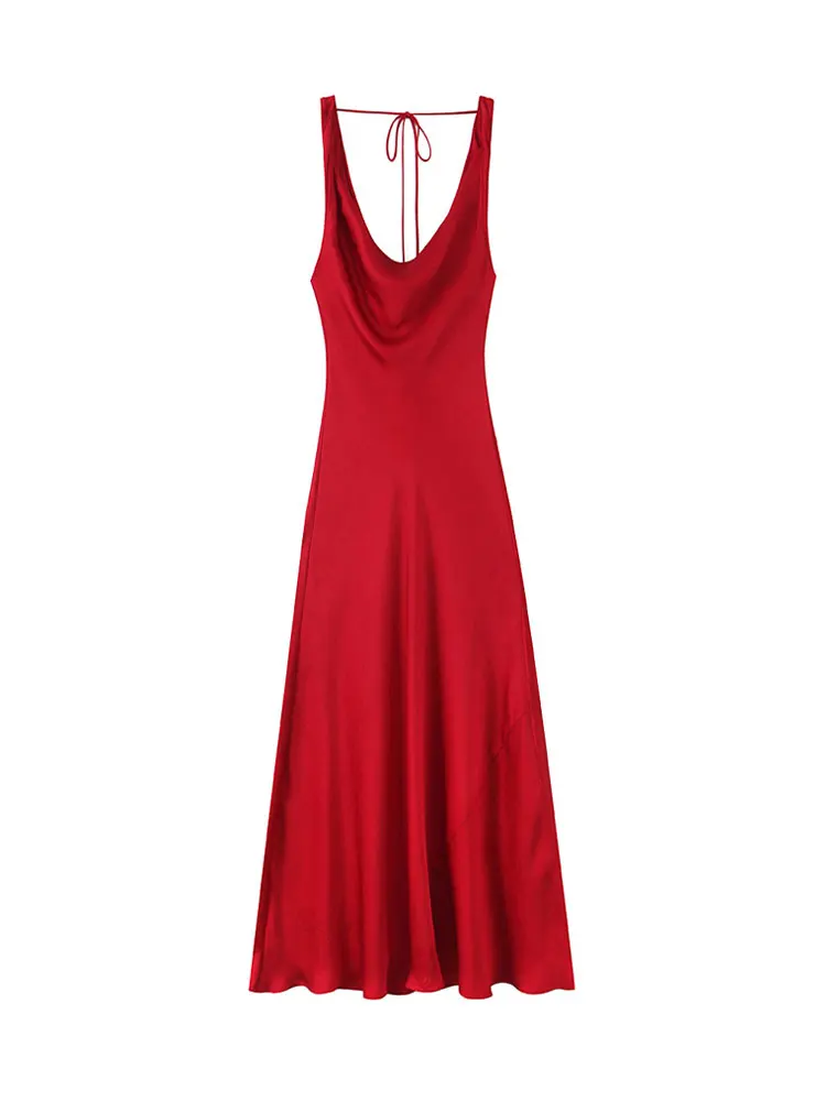 Sexy drapiertes Midikleid für Damen mit Schleife, dünne Träger, ärmellos, modisch, Party, Damenkleider