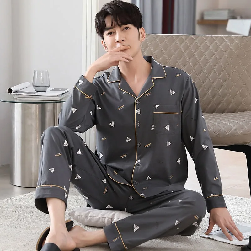 Latest Men Spring Autumn Pajamas Cotton Long Sleeve Pyjamas Middle Aged Elderly Large Size Nightdress Lapel Print Home Wear Set