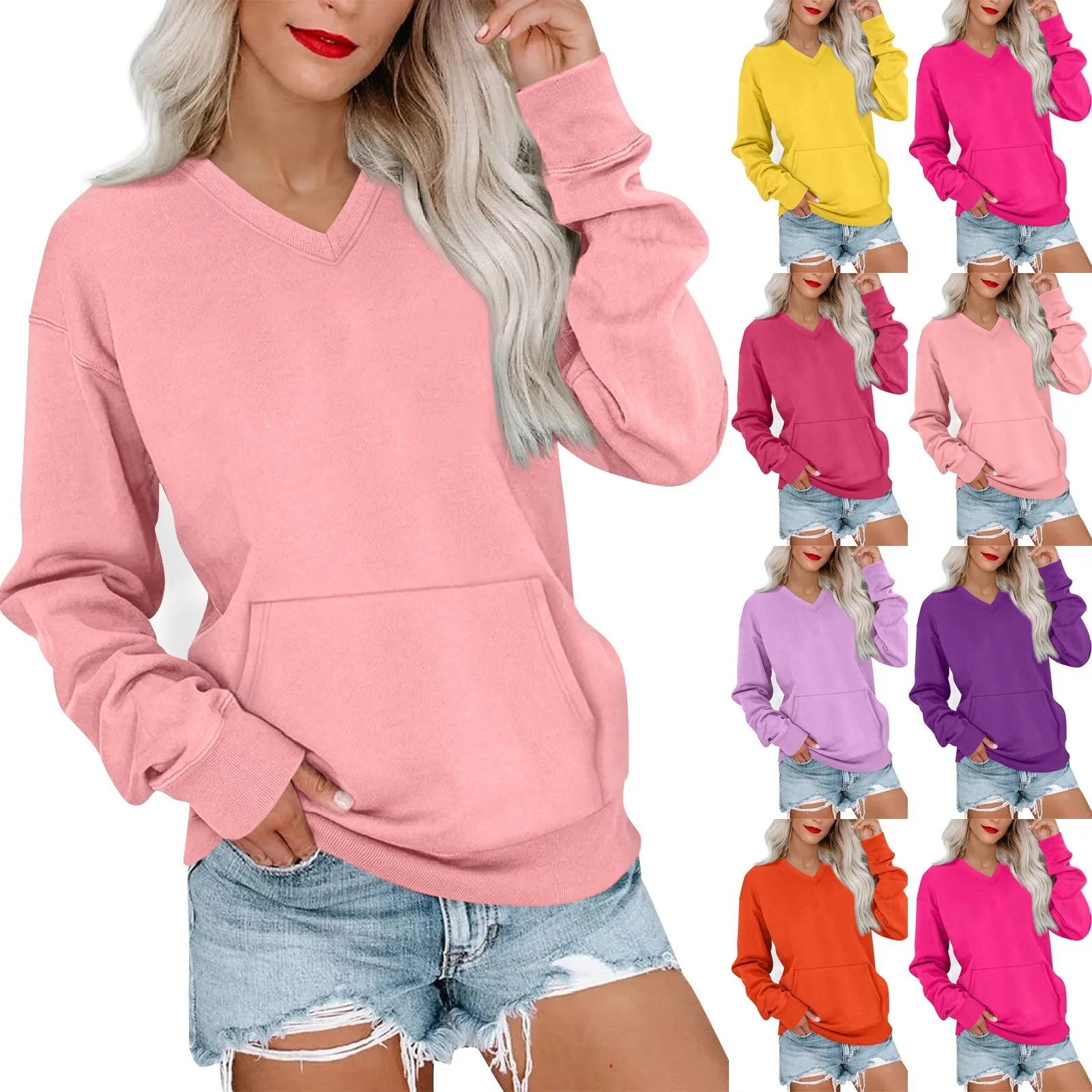 

2025 Women's Comfort Casual Fashion Solid Color V-Neck Long Sleeve Sweatshirt Lightweight Pullover With Pockets Sweatshirt