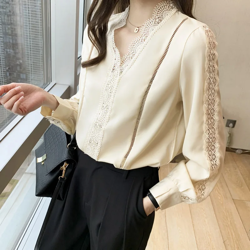 Women Clothing Lace Chiffon Shirt Spring Autumn New Loose Solid Long Sleeve V-neck Blouse Female Fashion Simple Top