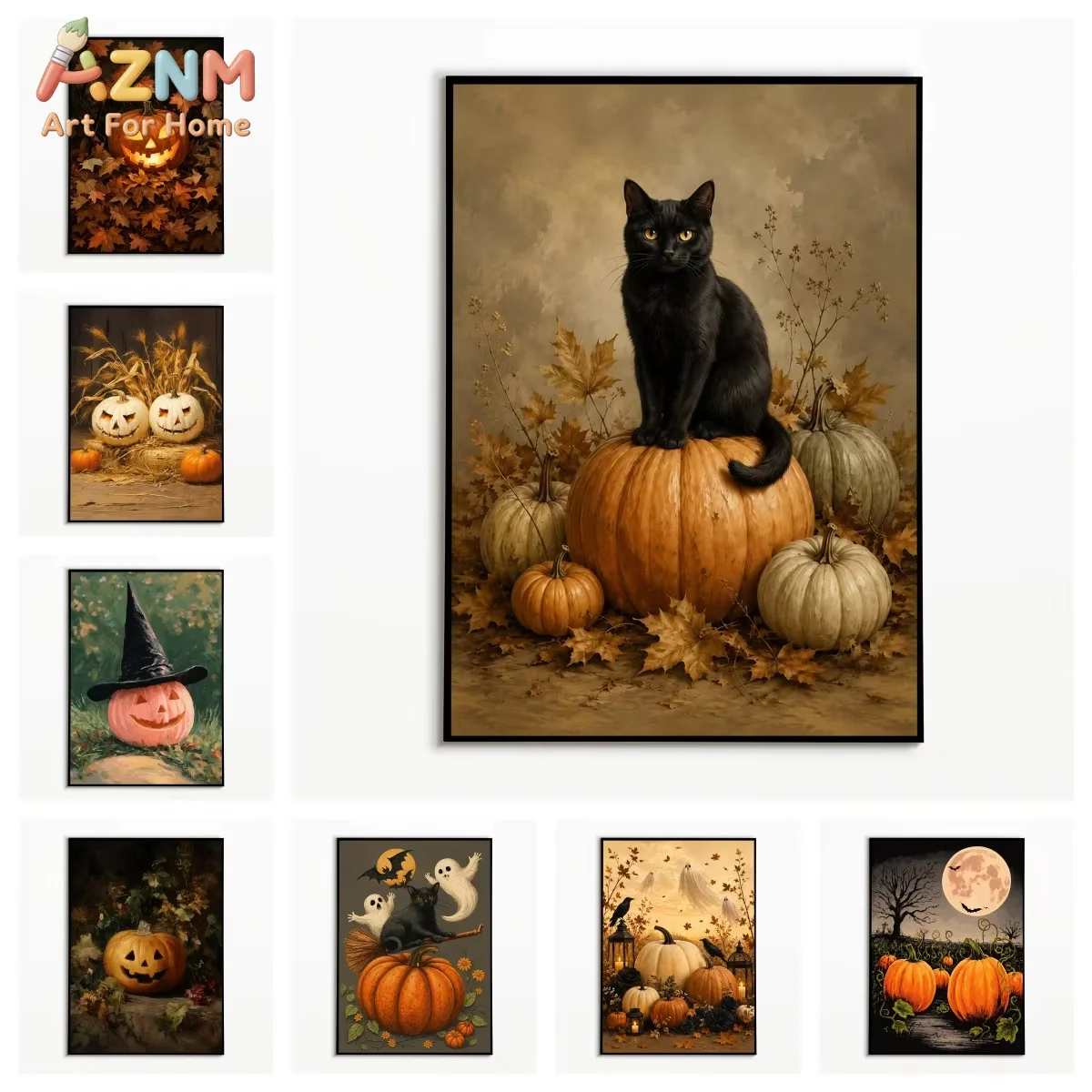 1PC Vintage Black Cat Pumpkin Poster Autumn Halloween Wall Art Thanksgiving Day Canvas Printing Festival Fall Wall Decor